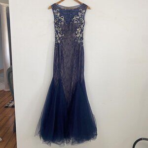 Dave & Johnny navy beaded flare prom formal dress